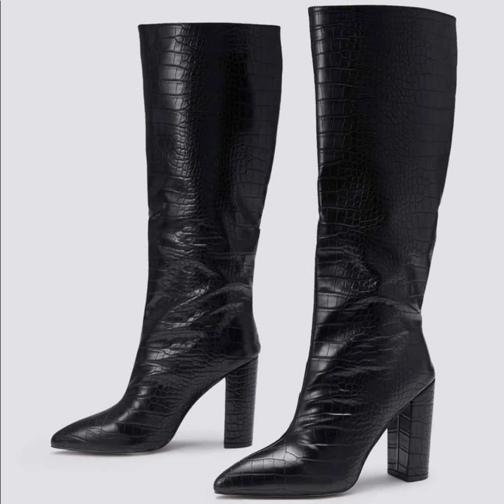 Shein Black Crocodile Skin Point Toe Chunky Heel Knee High Boot